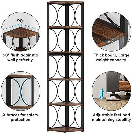 Tribesigns 67 inch Tall Corner Shelf, 6 Tier Rustic Corner Bookshelf Bookcase Storage Rack Standing Shelving Unit for Living Room, Small Space - Image 7