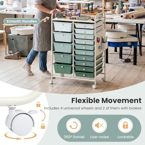 Giantex 15 Drawer Storage Cart, Rolling Craft Cart with Metal Tabletop & Pegboard, Mobile Utility Organizer Trolley with Locking Wheels, Home Office, Classroom, Teacher Supplies, Green Gradient - Image 7