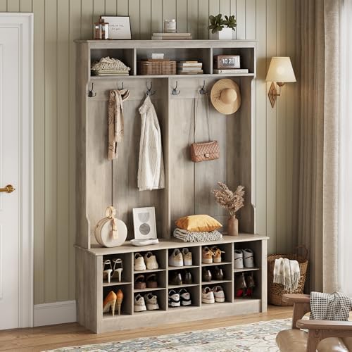 Wodeer Hall Tree with Bench and Shoe Storage, 53" Farmhouse 4-in-1 Mudroom Storage Organizer with Coat Rack, 6 Hooks, 12 Shoe Cubbies, Adjustable Shelf, for Entryway, Hallway, Living Room, Grey by WODEER