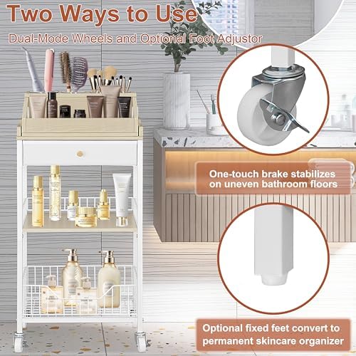 Makeup Organizer Cart, Removable Display Case, White and Natural - Image 4