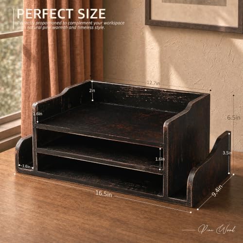 Wood Desk Organizer: File Organizer with 3-Tier Shelf, Distressed Black - Image 2