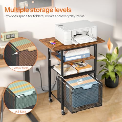 HOOBRO Printer Stand with Hanging File Drawer, Rolling Printer Cart on Wheels, Mobile Filing Cabinet Storage Shelf, Home Office Desk Side Organizer, Rustic Brown and Black BF17UPS01 - Image 3