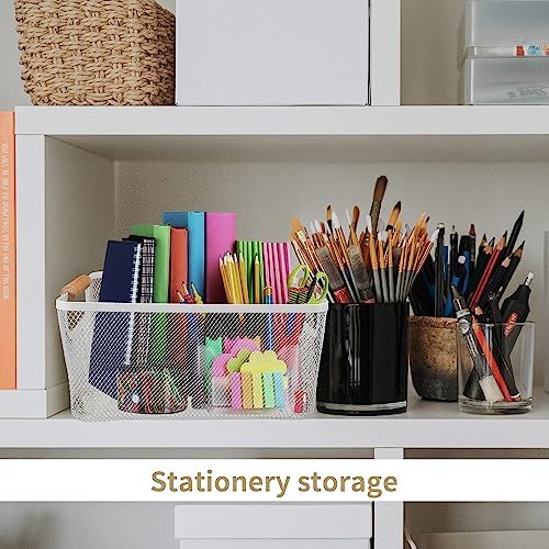 2Pack Metal Mesh Steel Basket with Bamboo Handle - Wire Metal Basket for Kitchen Organization, 12" Wide Food Organizer Bin, Perfect for Organizing Bulk Pantry (WHITE) - Image 3