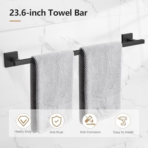 TQKAG 5-Pieces Matte Black Bathroom Hardware Accessories Set 23.6" SUS304 Stainless Steel Towel Bar Set Wall Mounted Square Toilet Paper Holder with Shelf - Image 3