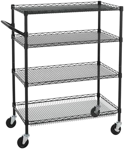 Finnhomy 4 Tier Heavy Duty Commercial Grade Rolling Cart with Handle Bar, Metal Wire Utility Cart with Wheels, Service Trolley on Wheels, Shelf Size 18" D x 36" W, NSF, Black by Finnhomy