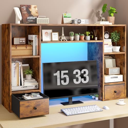 REIBII 47.2" Desktop Bookshelf, 6 Shelves & 2 Drawers, LED Lights, Brown by REIBII