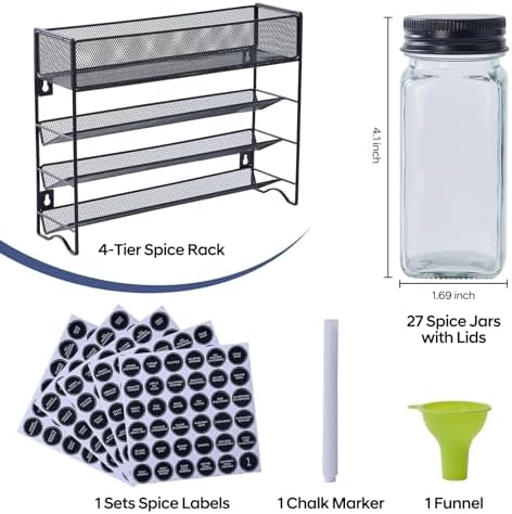 Spice Rack Organizer with 27 Spice Jars with Black Lids - Image 2