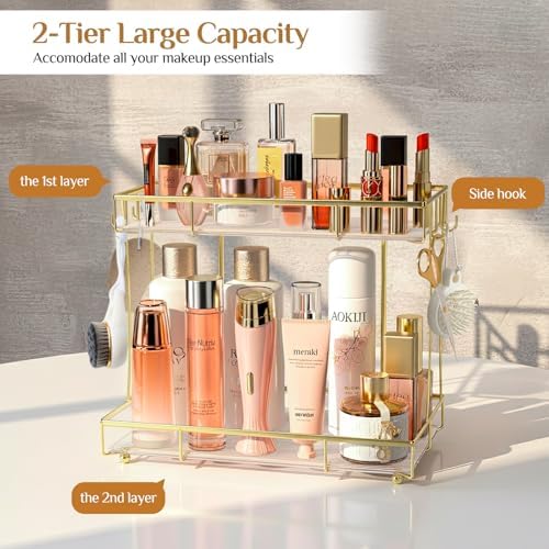 Bathroom Organizer Countertop Perfume Organizer Makeup Organizer Cosmetics Storage Display Rack Vanity Tray Dresser Steel Gold Shelf Transparency Wavy Acrylic Tray (2 Tier Golden) - Image 2