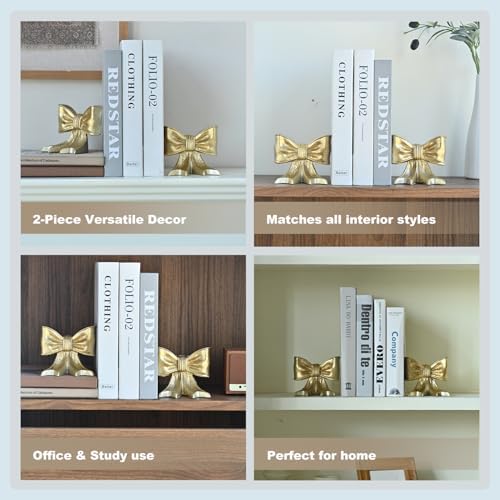 Metal Bookends Set of 2, Heavy Duty Book Ends for Heavy Books, Gold Decorative Bookends for Shelves Desk Office Home Decor - Image 6