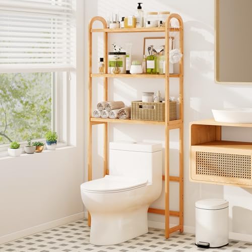 GIANTEX Bamboo Over The Toilet Storage, 3-Tier Over Toilet Bathroom Organizer with 3 Hooks & Adjustable Shelves, Freestanding Space Saver Above Toilet Shelf Rack for Laundry, Balcony, Restroom by Giantex
