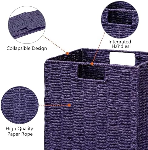 Vagusicc Wicker Storage Basket, Set of 2 Hand-Woven Wicker Basket, 11 inch Storage Basket, Foldable Cube Storage Organizer Bins, Storage Baskets for Organizing Shelves Decor, Purple (11″×11″×11″) - Image 2