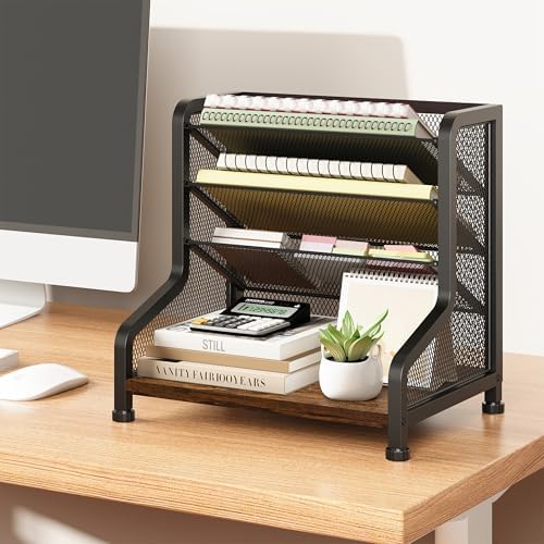 SWTYMIKI Paper Organizer, Mesh and Wood Desk Office Organizer, Office Organization and Binder Storage for Workspace, Home, School, Espresso - Image 3