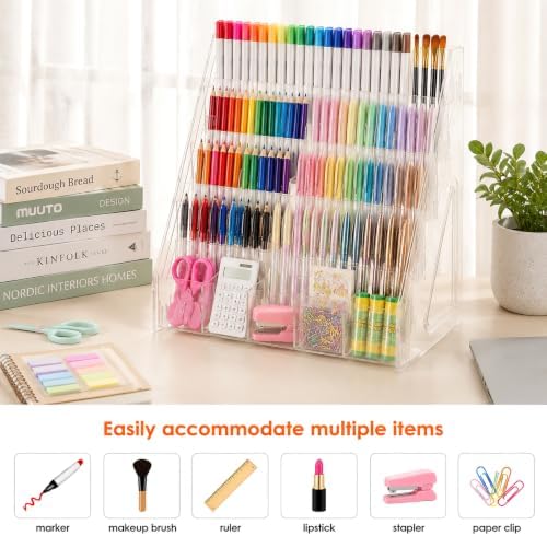 Acrylic Pen Pencil Holder for Desk With 25 Compartment Desk Organizers and Accessories,Durable Material Can Hold Pen Brush Cosmetic Scissor Clip Tape staplers Fit Home Office School(5 Tier) - Image 5