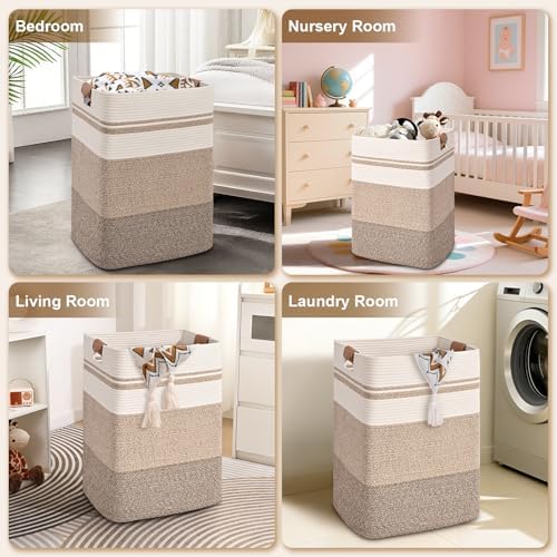 Laundry Hamper, 95L Tall Laundry Basket with Leather Handles, Rectangle Large Clothes Hamper for Organizing, Cotton Woven Laundry Baskets Storage Hampers for Bedroom, Nursery, Living Room - Image 5