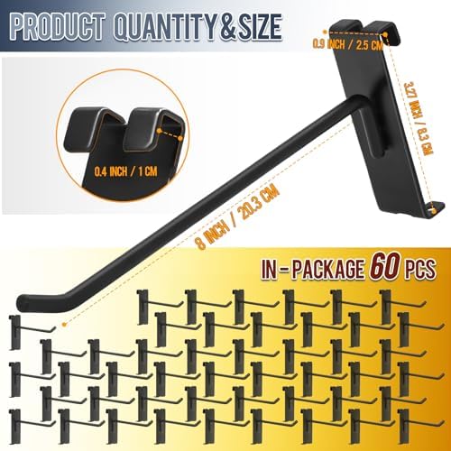60 PCS Gridwall Hooks, 8 Inch Gridwall & Fixtures Hooks for Grid Wall Panels Accessory, Heavy Duty Display Hook for Wire Grid Wall Accessories Display Rack Hanging Storage (Black) - Image 2
