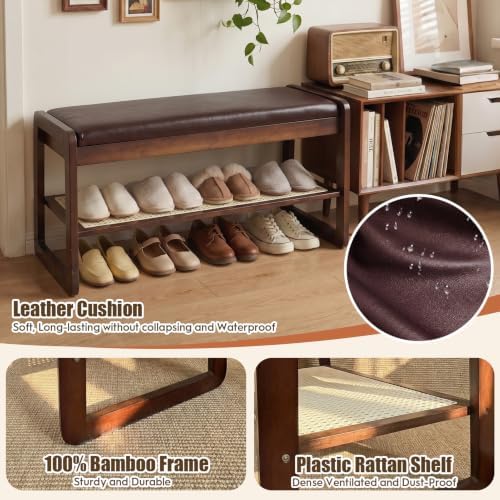 Shoe Rack Bench, 2-Tier Bamboo Entryway Bench 27.5"L, Brown Leather Cushion - Image 5