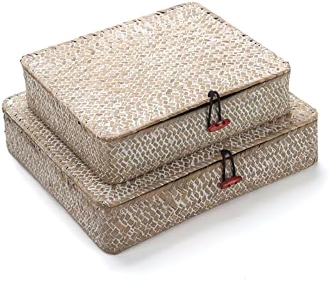 Whitewash Seagrass Basket with Lid Rectangular Decorative Storage Boxes for Shelf Organize Snack Toys Set of 2 (Large+Small) by DECRAFTS