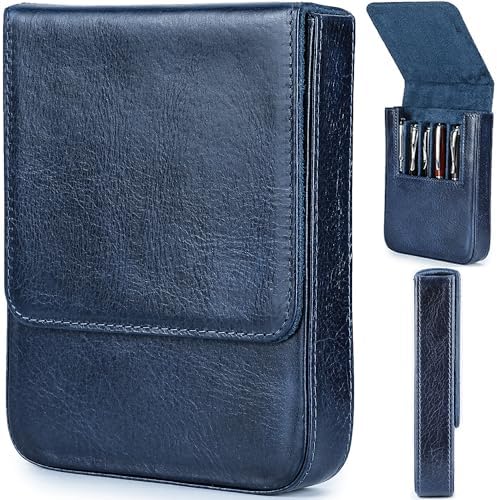 Top Grain Genuine Leather 6 Pen/Pencil Tray Case Organizer, Minimalist Design No Logo, Handmade, Magnetic Closure with Drawer Design, Gift Choice for Man/Woman/Office, Glossy Blue, 6 Slots by CataPurusLeatherCrafts