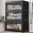 BROVIEW 600Qt Extra Large Stackable Storage Bins with Lids, Closet Organizer Collapsible Drawer Boxes with Wheels, Folding Plastic Cabinet Containers for Home Kitchen Room Organization, 3Pack Black by BROVIEW-EnjoytheArtofLife