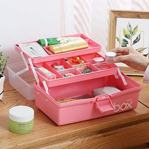 Kinsorcai 2PCS 12'' Three-Layer Clear Plastic Storage Box/Tool Box, Multipurpose Organizer and Portable Handled Storage Case for Art Craft and Cosmetic (Pink) - Image 5
