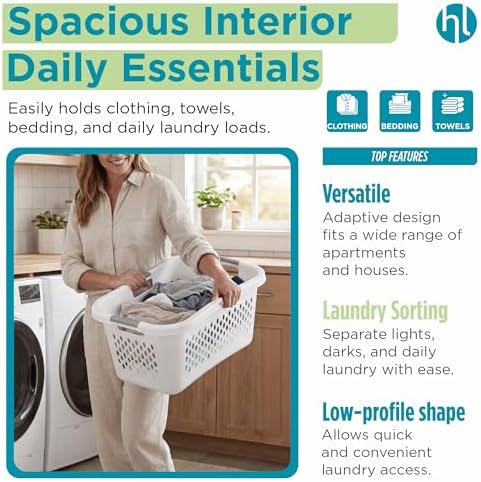 Home Logic 1.5 Bushel Plastic Laundry Basket Front Load, Large Laundry Hamper with Handles, Ventilated Clothes Organizer for Bedroom Bathroom Closet, 4 Pack, White - Image 5