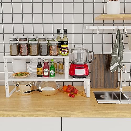 Jojocross Expandable Adjustable Stackable Kitchen Organizer, Spice Rack,Metal Pantry Storage Shelves Racks,Counter Shelf for Cabinets, Countertop, Cupboard (2 Packs/Medium/White) - Image 2