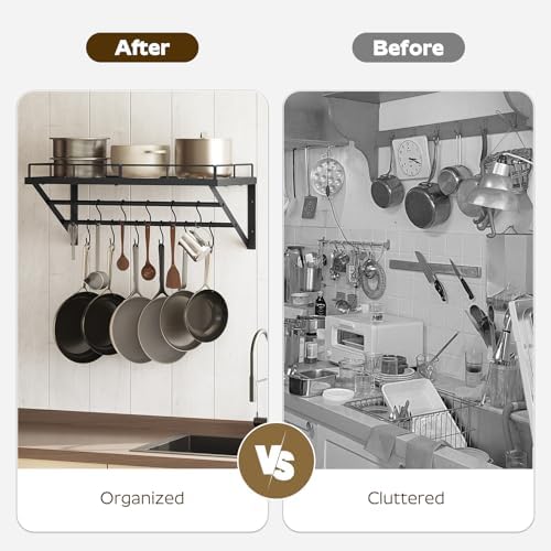 YATINEY Wall Mounted Pot Rack, 23.8 Inch Pot and Pan Organizer with 2 Tier Hanging Rails, 12 S-Hooks, Metal Pot Rack for Kitchen Cookware Organizer, Space Saving, for Kitchen Utensils, Black PR01BK - Image 6