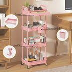 4 Tier Rolling Utility Cart with Drawer, Plastic Storage Organizer Rolling Carts with Wheels Handles Hanging Cups Hooks for Office, Bathroom, Kitchen,Craft Art Room (Pink) - Image 3