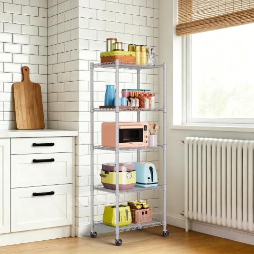REGILLER 5-Wire Shelving Metal Storage Rack Adjustable Shelves,Standing Storage Shelf Units for Laundry Bathroom Kitchen Pantry Closet(Silver,11.8" D x 16.6" W x 53.5" H,With Wheels) - Image 2