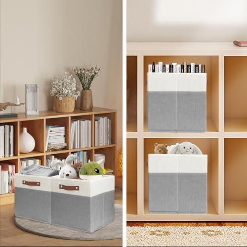 SNWDN 4 Pack Collapsible Fabric Storage Baskets with Handles (White/Grey 11x11x11 Inches) - Image 6