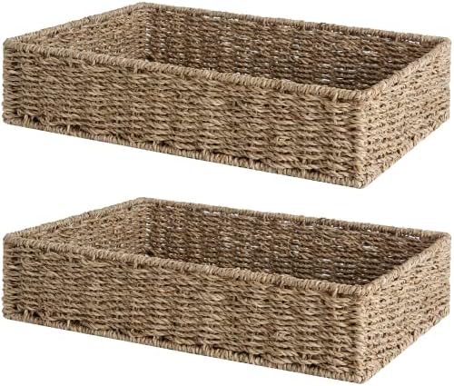 StorageWorks Large Seagrass Tray for Bathroom, Seagrass Storage Baskets for Shelves, Handwoven Natural Wicker Baskets for Organizing, 2-Pack by StorageWorks