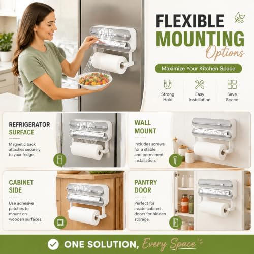 3-in-1 Magnetic Foil and Plastic Wrap Dispenser Organizer with Cutter，Wood - Image 7