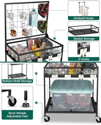 AHOWPD Grid Wall Panels Display Cart - Rolling Heavy Duty Metal Wire Grid Wall Display Stand Rack with 10 Hooks & 10 S Hooks for Craft Shows, Retail Art Fair and Flea Market (Black Cart, 1 pc) - Image 6