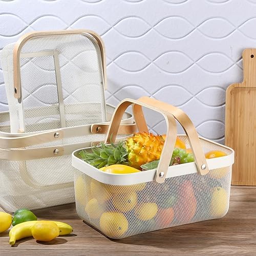 Sadnyy 4 Pcs White Metal Wire Storage Basket with Handle Mesh Harvest Durable Vegetables Fruit Toy Basket for Garden Organizing, Kitchen, Countertop, Closet, Bedroom (16 x 9.8 x 7.1 Inch) - Image 2