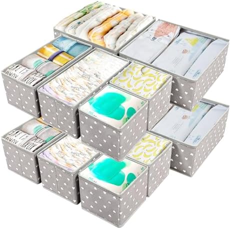 12 Pack Baby Clothes Organizer for Nursery Drawer - Foldable Fabric Dresser Dividers & Storage Bins for Diapers, Onesies, Accessories - Mydou Tidy Grey Heart Decorative Organizers by Unknown