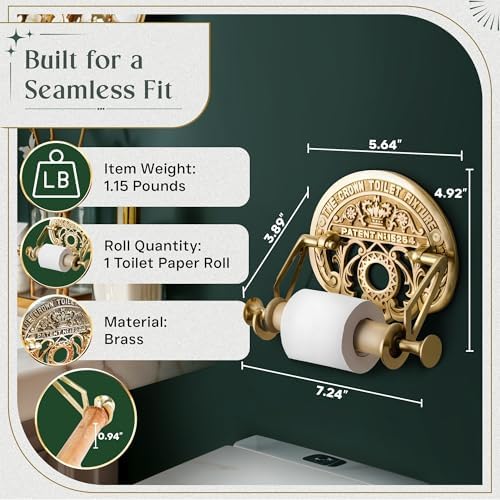 Bright Brass Wall Mount Toilet Paper Holder 7.25" Wide Vintage Crown Style Solid Brass Easy Install Toilet Tissue Paper Holders with Wooden Roll for Bathroom | Renovators Supply Manufacturing - Image 3