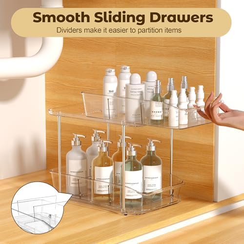 incostar 2 Tier Pull-Out Storage Organizer for Bathroom and Kitchen, Under Sink Organizer with Dividers, Ideal for Organizing Cupboard,Bathroom Vanities,Cabinet, Slide-Out Clear Storage, 4 Pack - Image 5