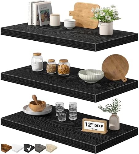 QEEIG 12" Deep Floating Shelves for Wall (Black, Set of 3, 23.6" x 12") by QEEIG