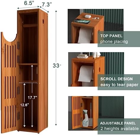 AmazerBath Bamboo Toilet Paper Holder with Storage, Bathroom Toilet Paper Storage Cabinet, Small Bathroom Storage Cabinet for Small Spaces, Slim Bathroom Storage Cabinet, 33x7.3x6.5 Inches, Brown - Image 2