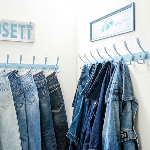Dseap Coat Rack Wall Mount - 29.5” Long 8-Tri-Hooks Heavy Duty Coat Hanger Rail Wall Hooks for Hanging Coats Hats Clothing Clothes Purse Mudroom Entryway, Blue - Image 6