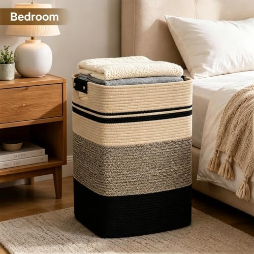 Laundry Hamper, Cotton Rope Laundry Basket with Leather Handles, 25.1-Gallon/95 L Large Clothes Hampers for Laundry, Woven Laundry Baskets for Blankets, Clothing, Bedroom, Living Room, Nursery - Image 2