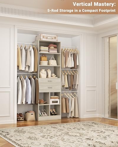 Small Closet System, 3.2-6.8FT Small Closet Organizer with 2 Wooden Drawers & 5 Hanging Rods, Can Fit 37.5 to 81.9 inch Walk-in Closet System, Built-in, Greige Oak, Enclosed Storage Volume 2.32 ft³ - Image 5