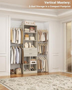 Small Closet System, 3.2-6.8FT Small Closet Organizer with 2 Wooden Drawers & 5 Hanging Rods, Can Fit 37.5 to 81.9 inch Walk-in Closet System, Built-in, Greige Oak, Enclosed Storage Volume 2.32 ft³ - Image 5