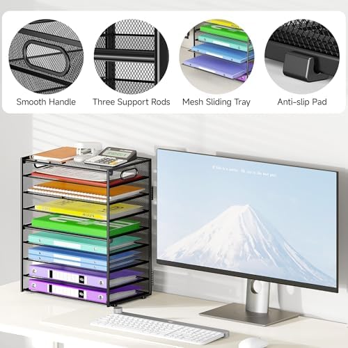 Cawukege 9 Tier Paper Organizer with Handle, 2 Pack Large Capacity Desk Organizer Mesh Paper Letter Tray File Folder Document Sorter for Classroom and Office Accessories Organization- Black - Image 4