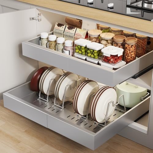 Seinloes 2 Pack Pull out Cabinet Organizer 21"Deep With Raising Pad for Framed Cabinets, Expandable Slide out Drawers for Kitchen Cabinets with 4pcs Divider Racks,Roll out Shelves 12.1"-20.4" W Silver by Seinloes