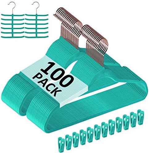 VECELO Premium Velvet Suit Hangers Heavy Duty (100 Pack) - Non Slip & Space-Saving Clothes Hangers with 12 Finger Clips and 2 Tie Rack Excellent for Men and Women (Teal) by VECELO
