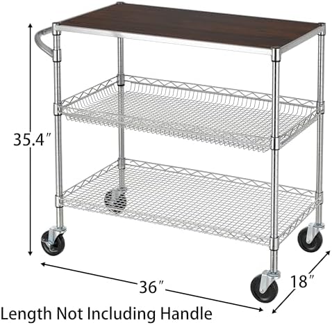 Finnhomy 3 Tier Heavy Duty Commercial Grade Utility Cart with Wood Top, Wire Rolling Cart with Wheels and Handle Bar, Kitchen Carts on Wheels, 18x36x35.4 H Metal Cart with 600 LBS Capacity, Chrome - Image 4