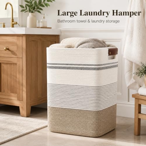 Laundry Hamper, Cotton Rope Laundry Basket with Leather Handles, 21.1-Gallon/80 L Large Clothes Hampers for Laundry, Woven Laundry Baskets for Blankets, Clothing, Bedroom, Living Room, Nursery - Image 2