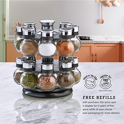 Kamenstein 16 Jar Ellington Revolving Countertop Spice Rack with Lift & Pour Caps and Spices Included, FREE Spice Refills for 5 Years: Black and Chrome - Image 6