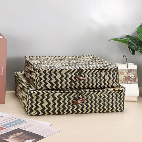 Hipiwe 2Pcs Flat Wicker Woven Basket with Lid Natural Seagrass Storage Box - Image 2